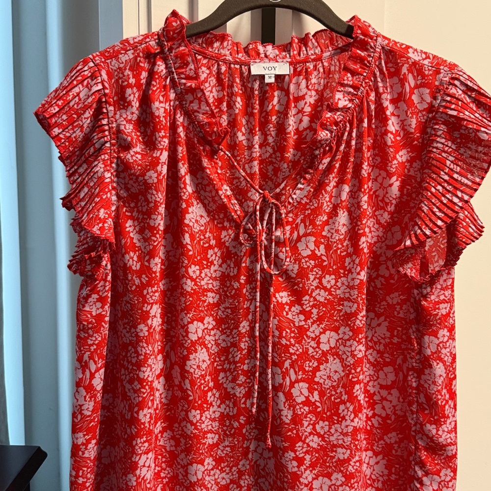 Red Floral Blouse with Ruffle Details
